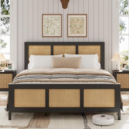 GarveeHome Rattan Queen Size Bed Frame with Headboard, Black | Boho Bed Frame with Strong Metal Slat, Noise Free, No Box Spring Needed - color: Black, size: Queen (No Drawers)