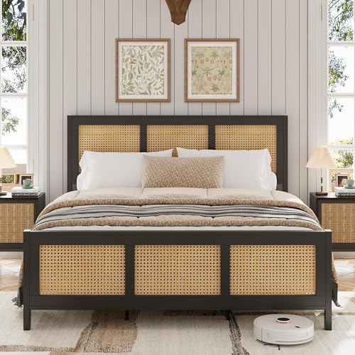 GarveeHome Rattan Queen Size Bed Frame with Headboard, Black | Boho Bed Frame with Strong Metal Slat, Noise Free, No Box Spring Needed - color: Black, size: Queen (No Drawers)