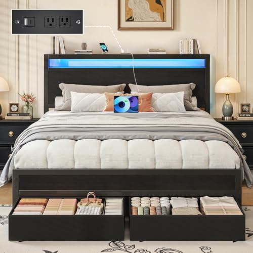 Fluest Queen Bed Frame,Queen Bed Frame with Storage Headboard & 2 Storage Drawer, Charging Station & LED Light, No Box Spring Needed, Noise Free, Easy Assembly, Classic Black - color: Classic Black, size: Queen
