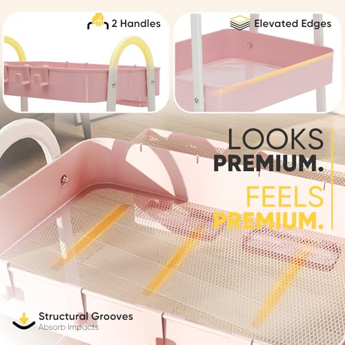 Sekey 3 Tier Rolling Cart, Hanging Cups, Hooks, Heavy Duty Mesh Rolling Storage Cart Organizer with 2 Lockable Wheels for Bathroom, Kitchen, Office, Craft, Makeup, Baby Essentials, Pink - color: Pink