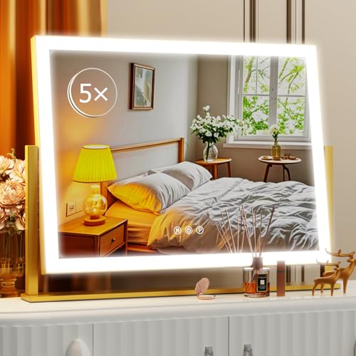 Gvnkvn Lighted Makeup Mirror, 17.3"x13" Hollywood Vanity Mirror with Lights, Three Color Lighting Modes, and 5X Magnification Mirror, Smart Touch Control, 360°Rotation (Gold, Gift Box) - color: Gold