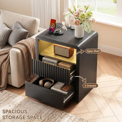 LYNSOM Fluted LED Nightstand Set of 2, Charging Station & 2 Drawers, Black | Mid Century Modern Night Stand with Stoarge, Wood Bedside End Table with Curved Edge for Bedroom, Living Room, Office, 20" W - color: Black, size: 2 Drawers