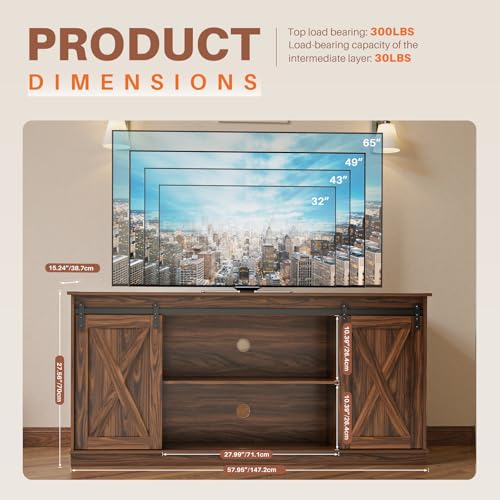 Sweetcrispy Farmhouse TV Stand 65 Inch for Living Room Bedroom Brown, Tall Entertainment Center with Storage Shelves, Media Console Cabinet with Wood Board, 300 LBS Capacity and Sliding Barn Door