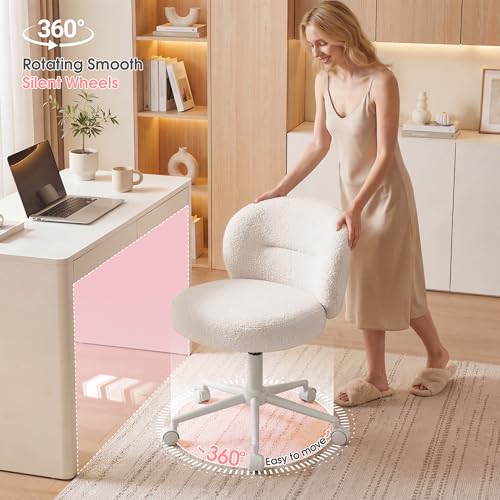 Homkdom Round Vanity Chair with Silent Wheels, 17.32" Wide Seat | Height Adjustable, 360 Swivel & Smooth Rolling, Armless Design for Makeup and Study - White - color: White
