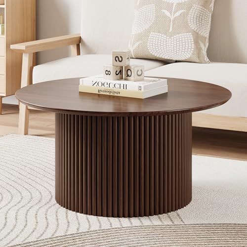31.5" Round Coffee Table, Modern Fluted Accent Center Table with Metal Frame, Wooden Circle Coffee Tables for Living Room Small Space or Office (Walnut) - color: Walnut 31.5" Round
