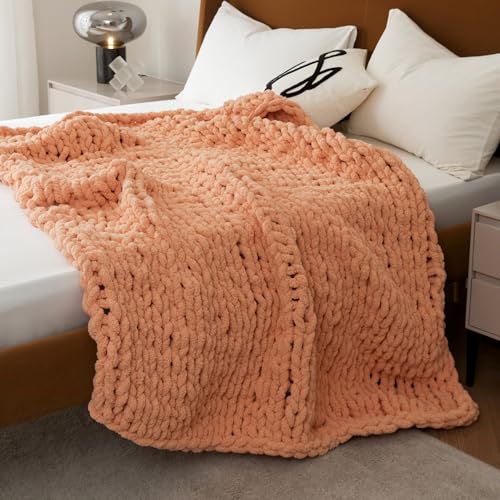 WESHIONGOO Chunky Knit Blanket Throw for Couch Bed 51"×63" Peach Fuzz | 100% Handmade Knitted Throw blanket Fluffy Soft Blanket with Jumbo Chenille Yarn Thick - color: Peach Fuzz, size: 51"x63"(Large Size Throw)