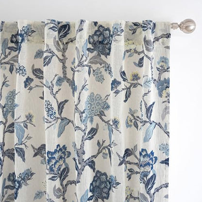 DriftAway Ada Floral Botanical Print Flower Leaf Lined Thermal Insulated Room Darkening Linen Blend 100% Blackout Back Tab Window Curtains 2 Layers Set of 2 Panels Each 52 Inch by 72 Inch Navy - color: Navy-back Tab, size: 52"W x 72"L (Pack of 2)