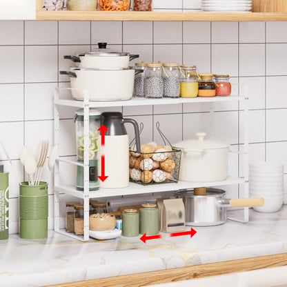 Expandable Cabinet Shelf Organizer Rack, Stackable Kitchen Counter Storage Shelves Stand, Adjustable Height Pantry Shelf Spice Rack (White-2 Pack, 8.7" D x 15.4-26.8" W x 9.8" H) - color: White-2 Pack