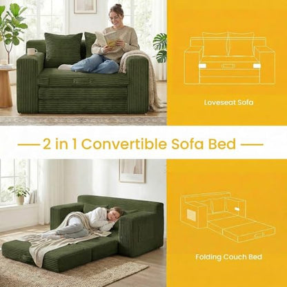 Boneless Loveseat Sleeper Sofa Bed: 3-in-1 Convertible Sofa Bed with Side Pockets & Handle,Pull Out Couch with 2 Pillows,Folding Futon for Small Space,Living Room & Bedroom,Green - color: A-green, size: 2 Seater Sofa