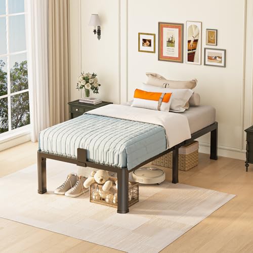 14 inch Twin Bed Frame with Round Corner Legs Mattress Slide Stopper,3500 lbs Heavy Duty Metal Platform,No Box Spring Needed,Steel Slat Support,Easy Assembly,Noise Free - size: Twin, style: 14 inch