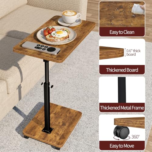 End Table Adjustable Height, 22.8"L Side Table Tv Tray with Wheels, 90° Tilting Panel Couch Table That Slides Under, Small End Table for Small Spaces, Overbed Bedside Desk Mobile Rolling Laptop Stand - size: 11.8 inch X 22.8 inch