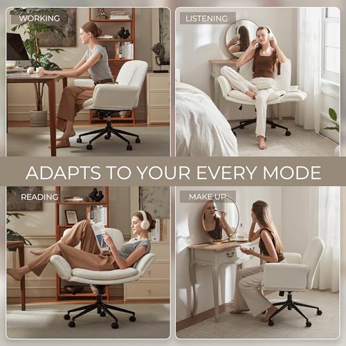 Dowinx Criss Cross Chair with Five-Level Adjustable Arms and Wheels - Comfortable Ergonomic PU Leather Swivel Vanity Chair - Computer Makeup Chair for Home Office, Bedroom, Vanity Room -Milk White - color: Milk White