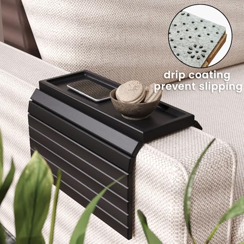 2 Pack Bamboo Folding Sofa Arm Tray with Anti-Slip Pad (Black) | Couch Armrest Tray,Foldable, Space-Saving Storage, No Assembly, universal arm fit,Gift box - color: Black