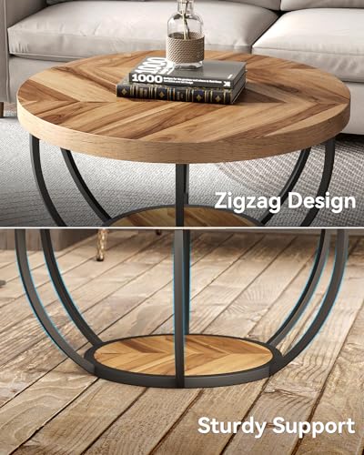 LITTLE TREE Round Coffee Table, 32" Circle Coffee Tables for Living Room | 2-Tier Wood Accent Center Table with Open Storage Industrial Design Home Furniture (Wood Grain and Black) - color: Wood Grain and Black