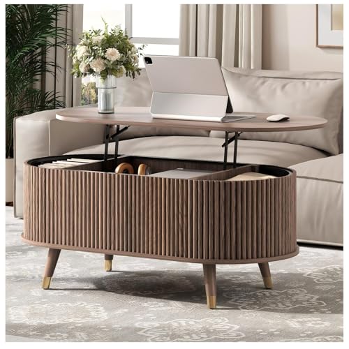 JOINICE Oval Lift Top Coffee Table with Storage for Living Room,43",Walnut | Large Hidden Storage,Mid Century Fluted Panel,Pop Up Center Table with Wooden Legs,Lifts to 22.4",Holds 88lbs,Easy Assembly - color: Walnut_oval
