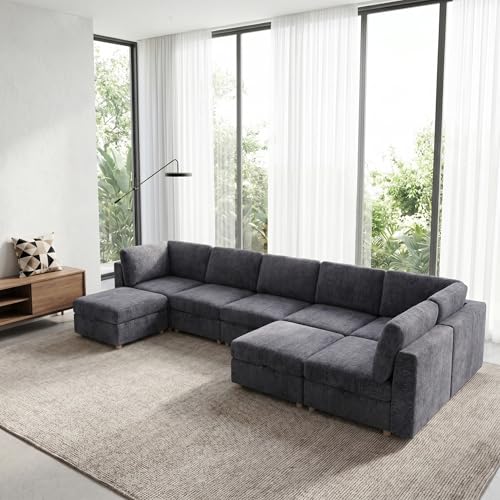 KEIKI Modular Sectional Sleeper Sofa with Hidden Storage, 8 Seat Convertible Fabric Couch with Flexible Layout and Washable Covers, Large U Shaped Sofa for Home Theater, Gathering or Game Room - size: 8-Seater