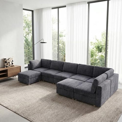 KEIKI Modular Sectional Sleeper Sofa with Hidden Storage, 8 Seat Convertible Fabric Couch with Flexible Layout and Washable Covers, Large U Shaped Sofa for Home Theater, Gathering or Game Room - size: 8-Seater