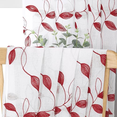 Tollpiz Burgundy Red Leaf Sheer Tier Curtain Kitchen 30 x 36 Inches | Leaves Embroidered Curtains Rod Pocket Voile Bathroom Window Treatment for Cafe, Set of 2 Panels - color: Burgundy Red, size: 30"W x 36"L (Pack of 2)