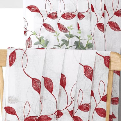 Tollpiz Burgundy Red Leaf Sheer Tier Curtain Kitchen 30 x 36 Inches | Leaves Embroidered Curtains Rod Pocket Voile Bathroom Window Treatment for Cafe, Set of 2 Panels - color: Burgundy Red, size: 30"W x 36"L (Pack of 2)