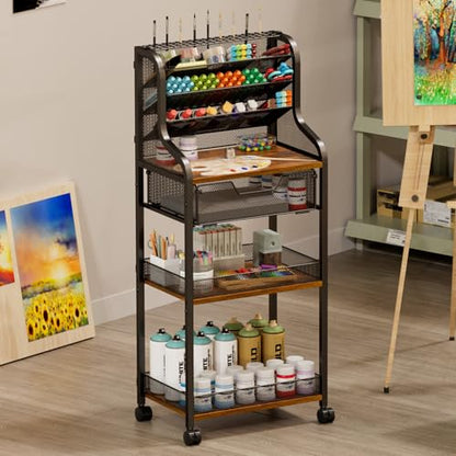 Large 7-Tier Rolling Utility Cart with Drawer, 40in Tall Metal Craft & Art Storage Organizer with Lockable Wheels, Storage for Art Studio, Drawing Room, Paints & Supplies - size: 4 Tiers