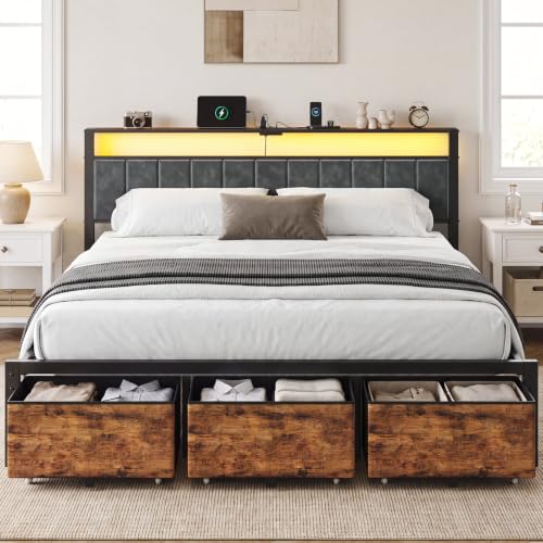 King Size Bed Frame with Storage Headboard and 3 Drawers | Upholstered Platform Bed with Smart LED Lights, Usb Type-C Charging Station, Metal Slats, Noise Free, No Box Spring Needed - size: King