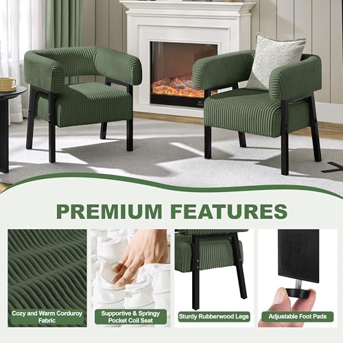 Yaheetech Accent Living Room Chair with Pocket Coiled Seat Set of 2 | Sofa Armchair | Barrel Chair | Corduroy | Comfy | Modern | Small Space | Bedroom | Reading | Dark Green - color: Dark Green