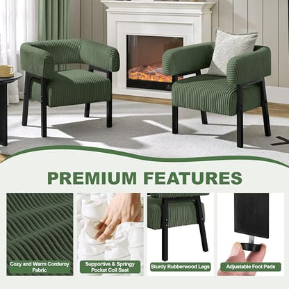 Yaheetech Accent Living Room Chair with Pocket Coiled Seat Set of 2 | Sofa Armchair | Barrel Chair | Corduroy | Comfy | Modern | Small Space | Bedroom | Reading | Dark Green - color: Dark Green