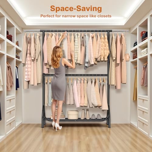 Double Rod Clothing Rack Load 622 LBS, Heavy Duty Clothes Rack for Hanging Clothes, 82.68 inch High Garment Rack with Sotrage Shelves, Metal Clothing Hanger Closet Wardrobe Organizer (Black) - color: Black