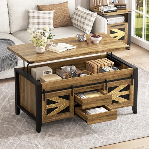 VFK 47.2" Lift Top Coffee Table with Hidden Compartment, Storage Drawers & Sliding Barn Doors, Farmhouse Rectangle Coffee Table for Living Room, Rustic Oak - color: Rustic Oak