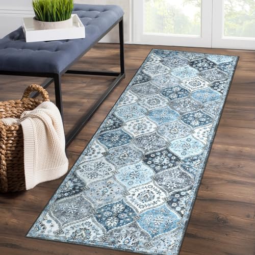 ROYHOME Hallway Runner Rug 2x8 Washable Moroccan Trellis Runner Rug | Stain Resistant Non-Slip Floor Cover Vintage Distressed Entrance Carpet for Laundry Kitchen Entryway Bedroom, Blue/Grey - color: Blue/Grey, size: 2' x 8'