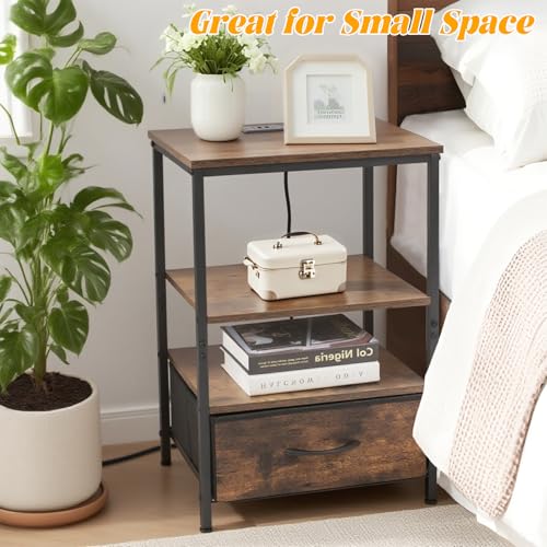Night Stand with Charging Station, Bedside Table with Adjustable Fabric Drawers, End Table with LED Lights, Side Table with USB Ports Open Shelf for Bedroom, Brown - color: Brown