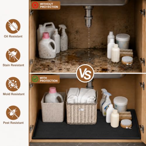 34"x22" Waterproof Cabinet Protector Silicone Under Sink Tray(Black) | Thick Silicone Under Sink Drip Tray with Protective Lip, Flexible Anti-Slip Mat for Kitchen, Bathroom, Laundry & RV - color: Black