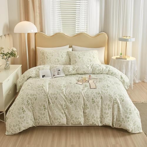 Vintage Boho Floral Duvet Cover Twin White Green Floral Print Bedding Set Cotton Botanical Floral Comforter Cover Garden Flowers Aesthetic Bedding Cover Boho Style Twin Duvet Cover with Zipper Closure - color: A2# Chic Green Floral, size: Twin(68"x86")