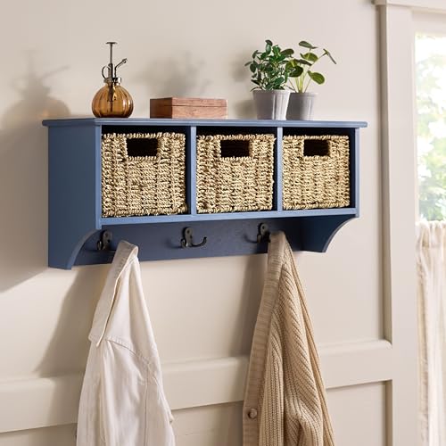 SAFAVIEH Home Collection - Finley Blue Wall Mounted 3-Basket Storage Rack with Hooks & Seagrass Baskets (HAC5700F) - color: Blue