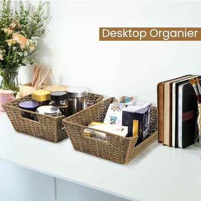 2 Pack Open Front Storage Baskets, Built-in Handles | Brown Paper Rope Woven Basket, 13''L x 10''W x 5''H Pantry Organzier Bins for Shelf, Bedroom, Pantry