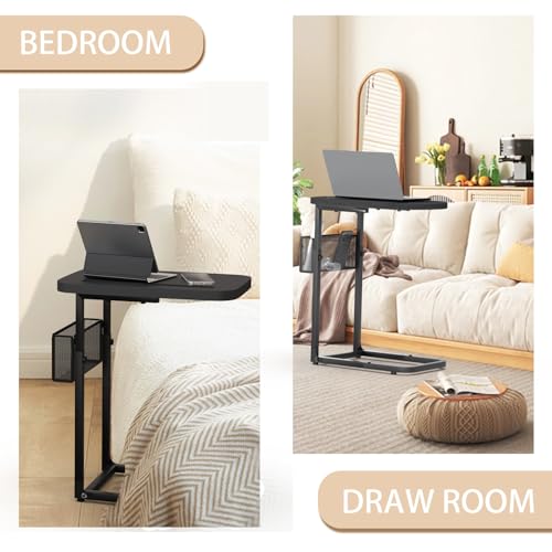 Fashion TV Tray Table with Large Tabletop, Adjustable Sofa Table with Storage Baskets, Strong Metal Frame, Tv Dinner Tray Table for TV Watching, Meals, Snacks (Oval, Black, 16.93inch x 12.6inch)