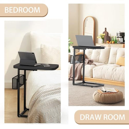 Fashion TV Tray Table with Large Tabletop, Adjustable Sofa Table with Storage Baskets, Strong Metal Frame, Tv Dinner Tray Table for TV Watching, Meals, Snacks (Oval, Black, 16.93inch x 12.6inch)