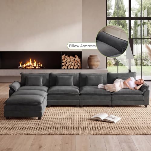 154" Modular Sectional Sofa, Comfy Deep Cloud Couch with Ottoman | U-Shaped Couches for Living Room, Modular Couch, Deep and Wide Seat, Velvet Sofa Sleeper with Throw Pillows, Blue Grey - color: Blue Gray, size: 154 Inch U