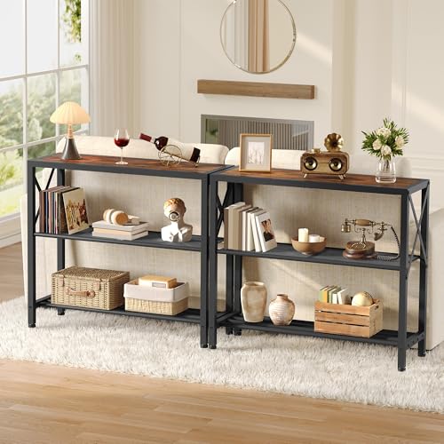 Hoctieon Set of 2 Industrial Console Table, 3 Tier Entryway Table, Metal Frame, Sofa Table with Shelf, Hallway Table, Entrance Table for Entryway, Living Room, Foyer, Hallway, Rustic Brown&Black - color: Rustic Brown, size: 2 Pack