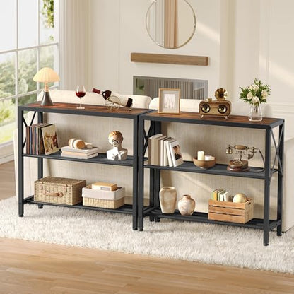 Hoctieon Set of 2 Industrial Console Table, 3 Tier Entryway Table, Metal Frame, Sofa Table with Shelf, Hallway Table, Entrance Table for Entryway, Living Room, Foyer, Hallway, Rustic Brown&Black - color: Rustic Brown, size: 2 Pack