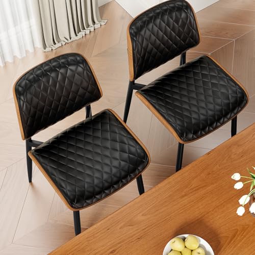 Dining Chairs Set of 2, Mid-Century Modern Upholstered PU Leather Chairs | with Walnut Back and Metal Legs Adjustable Feet for Kitchen Dining Room, Black Diamond Plaid - color: Black Diamond Plaid