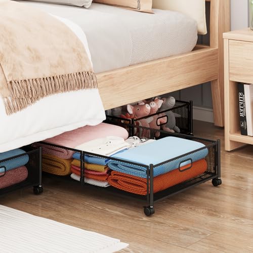 Gawerk Under Bed Storage with Wheels, Foldable Metal Mesh Underbed Storage Container Bins, Tool-free Assembly Clothes Drawer Organizer,2Pack - color: Black