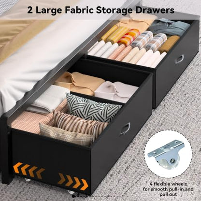 FreeHouse Full Size Bed Frame with Storage Headboard & 2 Drawers, Black | Upholstered Full bed frame with Charging Station & LED Light, Fabric Drawers,Metal Slats, No Box Spring Needed, Noise-Free - color: Black, size: Full