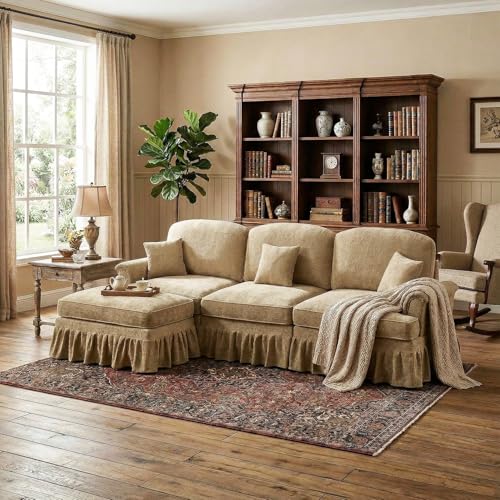 Modular Sectional Sofa Couch, Comfy Chenille Sofa with Removable Ruffled Skirt, Flared Armrests, Sturdy Legs, Convertible Sectional for Living Room, Bedroom, Apartment (Coffee) - color: Coffee, size: 107.1 Inch L