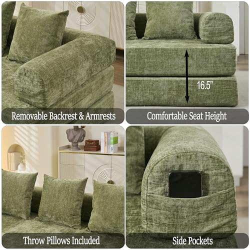 Convertible Folding Sofa Bed Modular Floor Couch, 78.8‘’ Cloud Sleeper Sofa with Removable Backrest, Chenille Foldable Mattress Couch, Lazy Loveseat for Small Space, Apartment, Bedroom, Green - color: #3-green