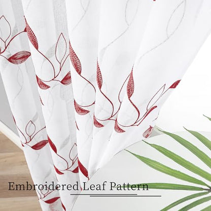 Tollpiz Burgundy Red Leaf Sheer Tier Curtain Kitchen 30 x 36 Inches | Leaves Embroidered Curtains Rod Pocket Voile Bathroom Window Treatment for Cafe, Set of 2 Panels - color: Burgundy Red, size: 30"W x 36"L (Pack of 2)