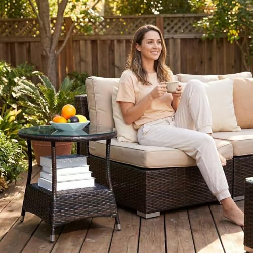IRONORA Outdoor Wicker Coffee Table Dark Brown Patio Round Side Tables for Outside, Tempered Glass Top Wicker Table with Storage Shelf, End Table for Balcony Porch Deck - color: Dark Brown
