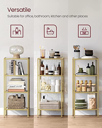VASAGLE Bookcase, 4-Tier Bookshelf, Slim Shelving Unit for Bedroom, Bathroom, Home Office, Tempered Glass, Steel Frame, Metallic Gold ULGT28G - color: Metallic Gold, size: 4 Tiers (15.7"W x 37.4"H)