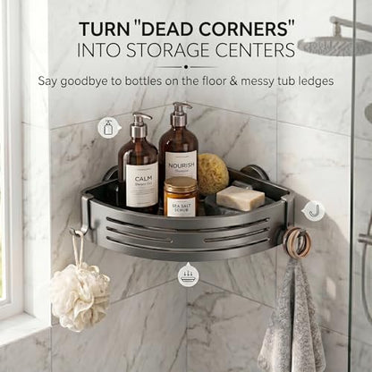 Shower Caddy Suction Cup, Rustproof Aluminum Shower Shelves with Hooks, No-Drilling Upgrade Bionic Suction Cup Shower Organizer, Removable Bathroom Storage Corner Shelf (Grey)