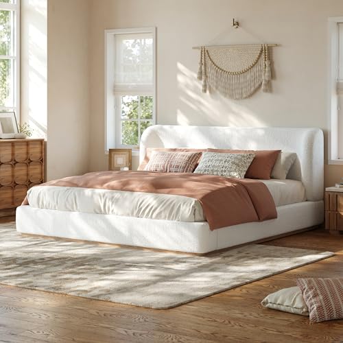 Boucle Upholstered Platform Bed Frame with Thick Curved Wingback Headboard,Modern Queen Size Low Profile Platform Bed with Grounded Design and Sturdy Solid Wood Slat Support‌,White - color: White, size: Queen